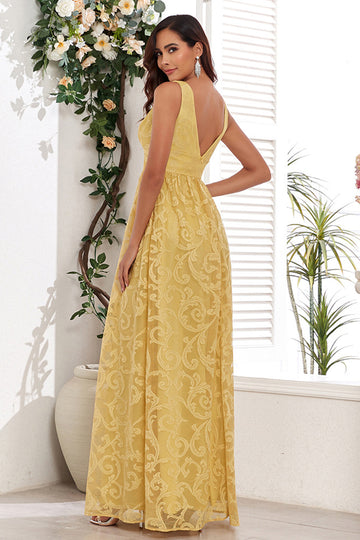 Vestido de fiesta largo amarillo con escote en V y apliques